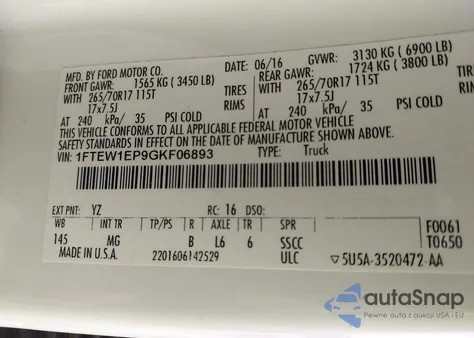 2016 Ford F-150 Xlt из США, поврежденный, VIN 1FTEW1EP9GKF06893